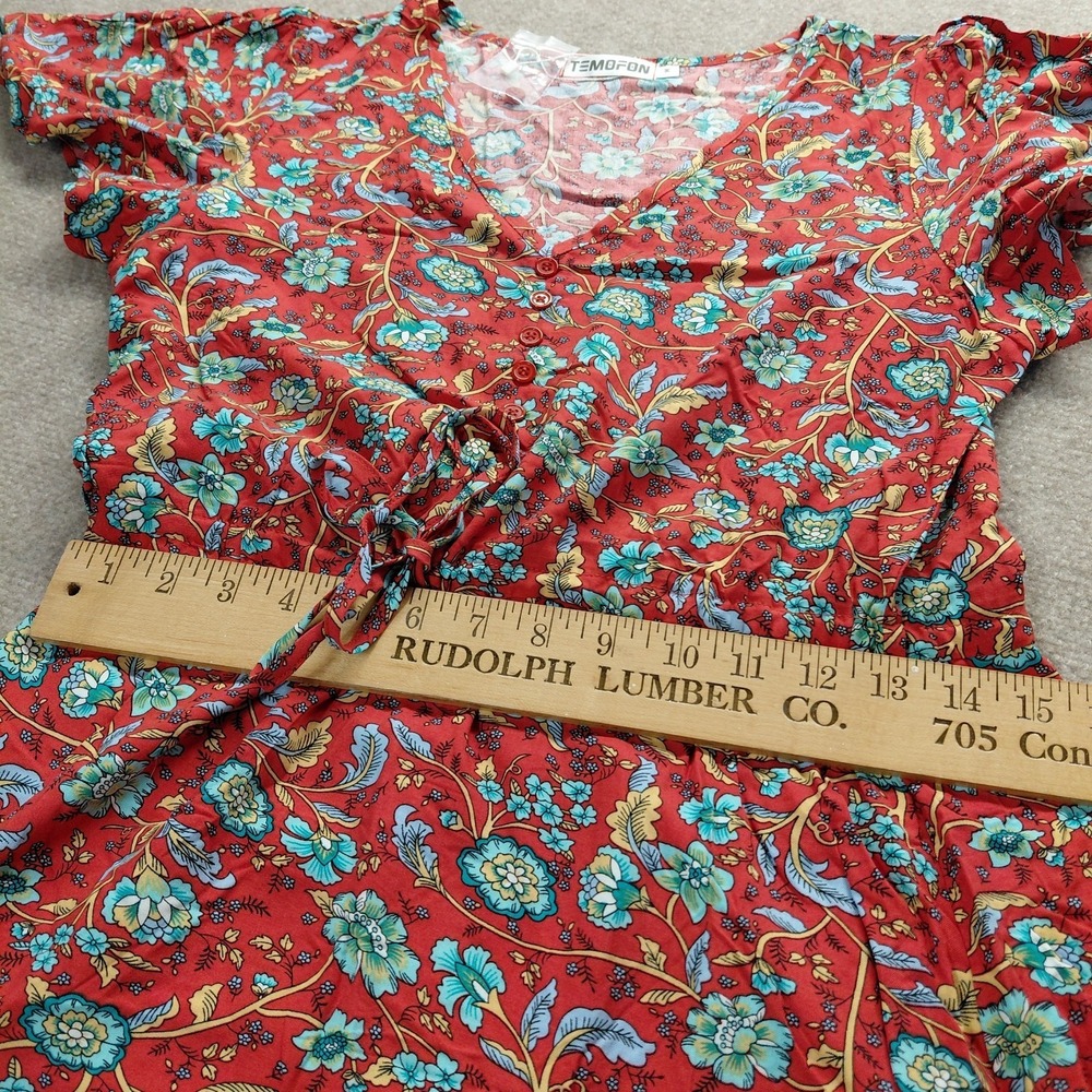 Temofon Womens Red Floral V-neckline Dress Size Medium Light Resort Holiday Chic - Picture 13 of 16